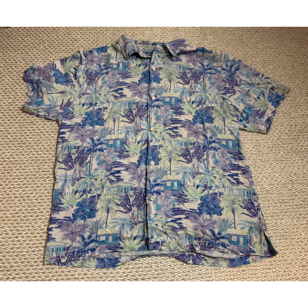 Tommy bahama silk Tropical Palm Tree Beach Short Sleeve‎ Button Down Shirt L